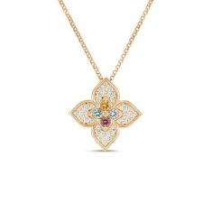 image of Roberto Coin Venetian Princess Carnival 1/3ctw Diamond Blue Topaz, Citrine, Rubellite, and Tanzanite Large Flower 18k Yellow Gold Pendant Necklace with sku:20564738