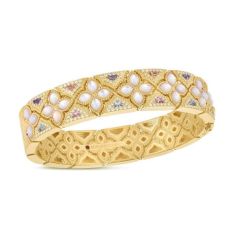 Roberto Coin Venetian Princess Carnival 7/8ctw Diamond Blue Topaz, Citrine, and Mother of Pearl Flower 18k Yellow Gold Bangle Bracelet