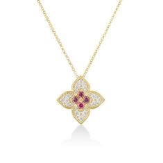 image of Roberto Coin Venetian Princess Carnival 1/3ctw Diamond and Rubellite Large Flower 18k Yellow Gold Pendant Necklace with sku:20564811