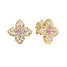 image of Roberto Coin Venetian Princess Carnival 3/8ctw Diamond and Rubellite Medium Flower 18k Yellow Gold Stud Earrings with sku:20564837