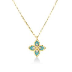 Roberto Coin Venetian Princess 1/15ctw Diamond and Cyan Enamel 18k Yellow Gold Flower Pendant Necklace