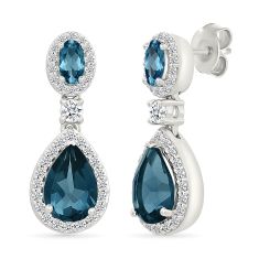 London Blue Topaz and Created White Sapphire Sterling Silver Drop Earrings