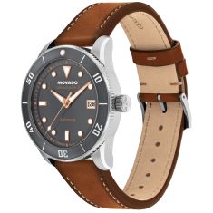 Movado Heritage Series Calendoplan S Automatic Grey Dial Brown Leather Strap Watch 40mm -3650218