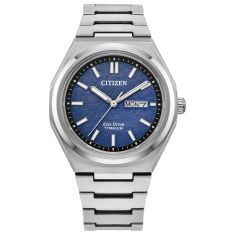 image of Men's Citizen Eco-Drive Zenshin Three-Hand Blue Dial Super Titanium Watch 39mm - AW0130-85L with sku:20578514