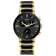 image of Rado Centrix Chronograph Black Dial Two-Tone Gold-Tone Stainless Steel and Black High-Tech Ceramic Middle Link Bracelet Watch 41mm - R30211152 with sku:20590196