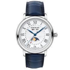 Montblanc Star Legacy Full Calendar White Dial Blue Leather Strap Watch 42mm - MB128676