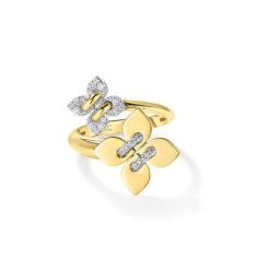 Roberto Coin Love in Verona 1/7ctw Diamond and 18k Yellow Gold Polished Finish Double Flower Ring - Size 6.5