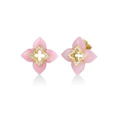 Roberto Coin Venetian Princess Pink Opal Cabochon and Diamond 18k Yellow Gold Small Flower Stud Earrings 1