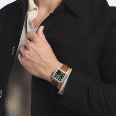 Movado Heritage 1917 Automatic Green Dial Brown Leather Strap Watch 35x45.2mm - 3650253