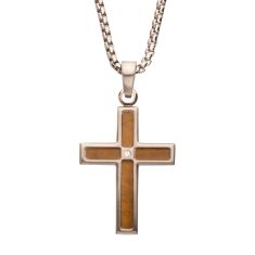 INOX Tiger's Eye Inlay and Created White Sapphire Stainless Steel Cross Pendant Necklace 1