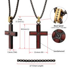 INOX Black Spinel and Sandalwood Inlay Black Ion-Plated Stainless Steel Cross Pendant Necklace
