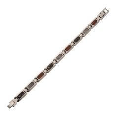 INOX Dinosaur Bone, Whiskey Wood, and Meteorite Inlay Stainless Steel Link Bracelet