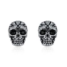 Men's 1/5ctw Black Diamond and Diamond Sterling Silver Skull Stud Earrings 1