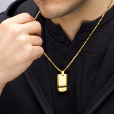 INOX Black Sapphire Gold Ion-Plated Stainless Steel Dog Tag Pendant Necklace