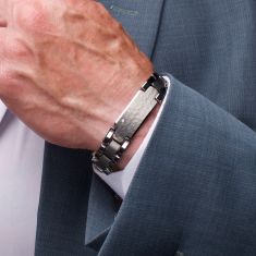 INOX Created White Sapphire Tungsten Carbide Hammered ID Link Bracelet