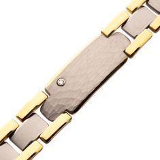 INOX Created White Sapphire Tungsten Carbide and Gold Ion-Plated Hammered ID Link Bracelet