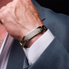 INOX Created White Sapphire Tungsten Carbide and Gold Ion-Plated Hammered ID Link Bracelet