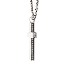 INOX Sterling Silver Cubic Zirconia Side Cross Pendant Necklace