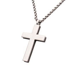 INOX Sterling Silver Cubic Zirconia Side Cross Pendant Necklace
