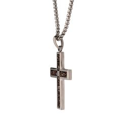 INOX Dinosaur Bone and Created White Sapphire Gunmetal Ion-Plated Stainless Steel Cross Pendant Necklace