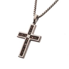 INOX Dinosaur Bone and Created White Sapphire Gunmetal Ion-Plated Stainless Steel Cross Pendant Necklace