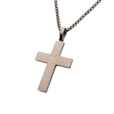 INOX Dinosaur Bone and Created White Sapphire Gunmetal Ion-Plated Stainless Steel Cross Pendant Necklace