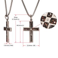 INOX Dinosaur Bone and Created White Sapphire Gunmetal Ion-Plated Stainless Steel Cross Pendant Necklace