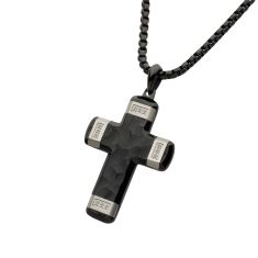 INOX Created White Sapphire Black Ion-Plated Stainless Steel Small Cross Pendant Necklace