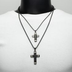 INOX Created White Sapphire Black Ion-Plated Stainless Steel Small Cross Pendant Necklace