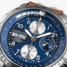 Hamilton Khaki Aviation X-Wind Auto Chrono Blue Dial Leather Strap Watch 44mm - H77506540