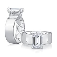 A.JAFFE Classics 1/5ctw Diamond Hidden Halo Wide Band 14k White Gold Engagement Ring Setting