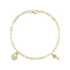 Shy Creation 1/10ctw Diamond 14k Yellow Gold Heart Lock and Key Paperclip Link Bracelet 1