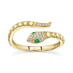 Shy Creation 1/15ctw Diamond and Green Garnet 14k Yellow Gold Snake Ring