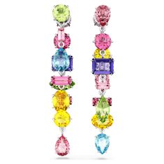 Swarovski Crystal Gema Asymmetrical Mixed Cuts, Multicolored Rhodium-Plated Long Drop Earrings 1