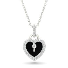 Black Onyx and Created White Sapphire Sterling Silver Heart Lock Pendant Necklace 1