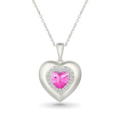 Heart Created Pink Sapphire and Created White Sapphire Sterling Silver Halo Pendant Necklace 1