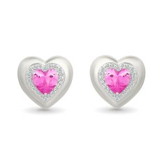 Heart Created Pink Sapphire and Created White Sapphire Sterling Silver Halo Stud Earrings 1