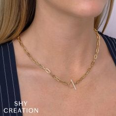 Shy Creation 1/8ctw Diamond 14k Yellow Gold Paperclip Link Necklace