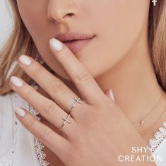 Shy Creation 1/10ctw Diamond 14k White Gold Cross Ring