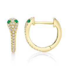 Shy Creation Emerald and 1/10ctw Diamond 14k Yellow Gold Snake Huggie Hoop Earrings
