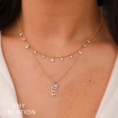 Shy Creation Round and Pear 5/8ctw Diamond 14k Two-Tone Gold Faceted Ball Chain Necklace