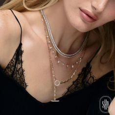 Shy Creation Round and Pear 5/8ctw Diamond 14k Two-Tone Gold Faceted Ball Chain Necklace