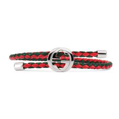Gucci Sterling Silver Green and Red Braided Leather Bracelet with Web
