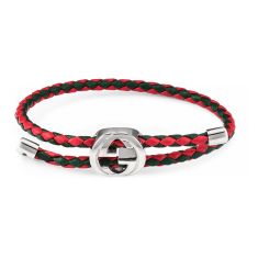 Gucci Sterling Silver Green and Red Braided Leather Bracelet with Web Gucci Sterling Silver Green and Red Braided Leather Bracelet with Web