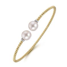 Gabriel & Co. Freshwater Cultured Pearl and Diamond 14k Yellow Gold Bujukan Split Bangle