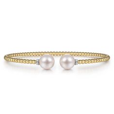 Gabriel & Co. Freshwater Cultured Pearl and Diamond 14k Yellow Gold Bujukan Split Bangle