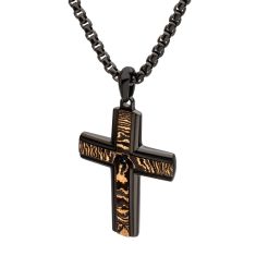 INOX Black Sapphire Black Ion-Plated Stainless Steel Copper Carbon Cross Pendant Necklace
