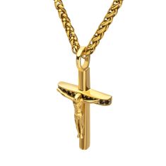 INOX Black Sapphire Gold Ion-Plated Stainless Steel Crucifix Pendant Necklace