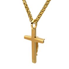INOX Black Sapphire Gold Ion-Plated Stainless Steel Crucifix Pendant Necklace