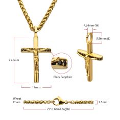 INOX Black Sapphire Gold Ion-Plated Stainless Steel Crucifix Pendant Necklace